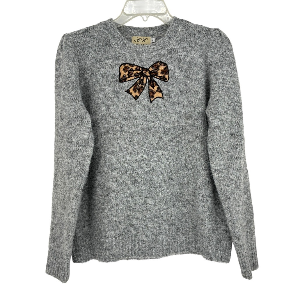 Anna Kay Cashmere Blend Sweater Gray Leopard Bow Paris Chic Soft Luxe